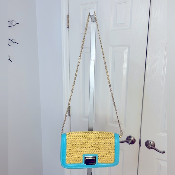 Talbots Aqua Leather and Straw Clutch Crossbody Bag Gold Chain - Picture 7 of 10